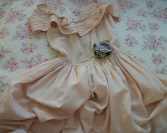 1940s vintage cotillion emma domb pale pink dress, off shoulder, vintage rose flower