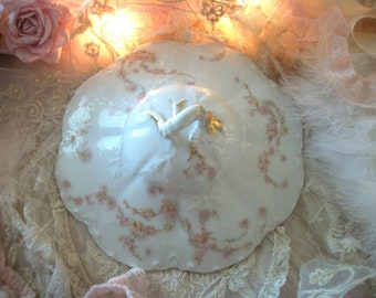 antique haviland and company round casserole lid, lid only, for display or replacement, fine french pink and white china