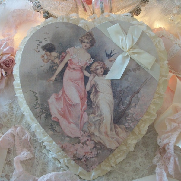vintage pink & cream heart shape candy box, beautiful victorian style, mother's day gift, décor, shabby french cottage