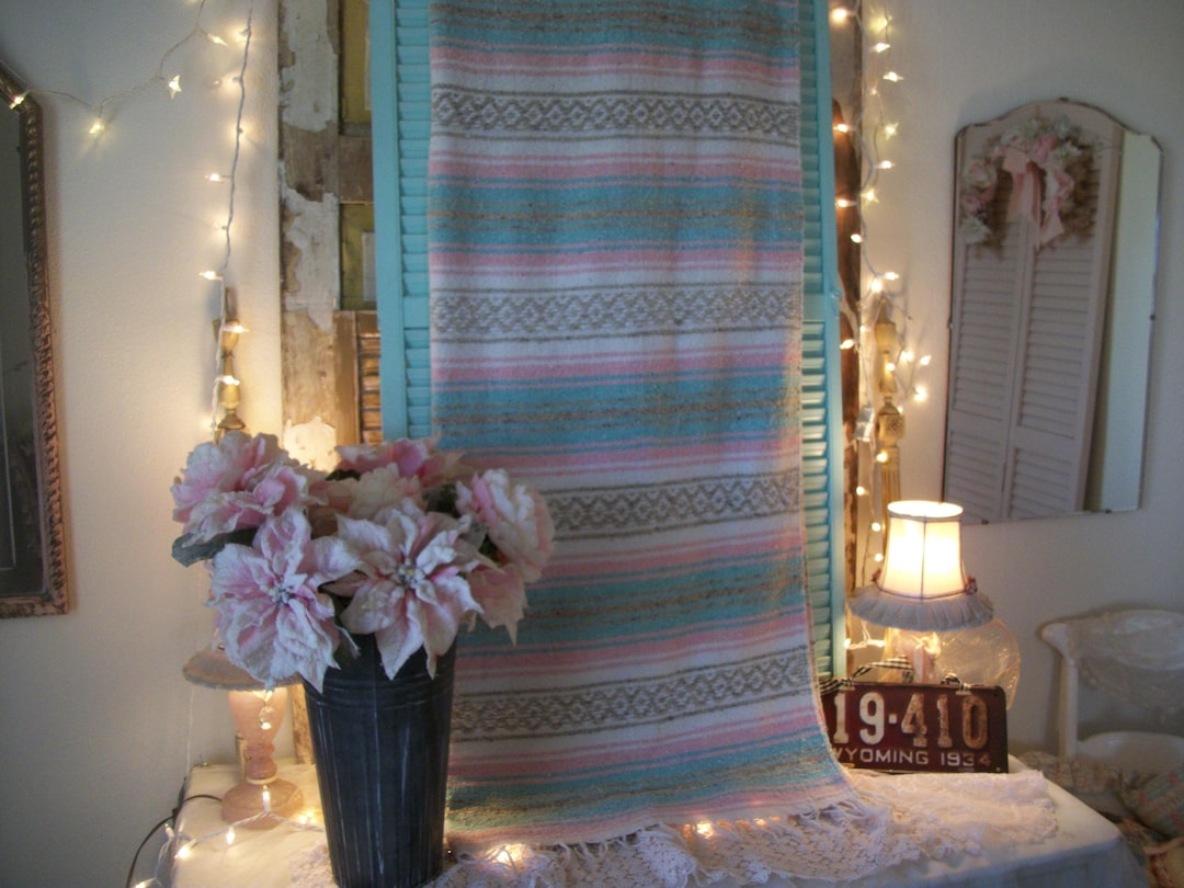 Fabulous! Vtg 80s Southwest Style Blanket Rug Throw Pink Cream Aqua ...