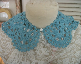 vintage hand crochet lace collar, pretty soft forget me not blue, button closure, prim, cotton thread, vintage hand work crafted