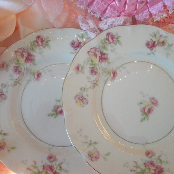 2 vintage haviland salad plates, pink roses floral print china, theo haviland, new york, dorset pattern, chic pink & yellow roses on ivory