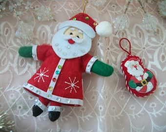 vintage felt christmas santa ornaments, sequins, large and small, old decorations, holiday décor