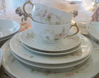 fine french china antique haviland limoges dinnerware, 'table for two',  7-piece place settings, romantic pale pink floral, french cottage