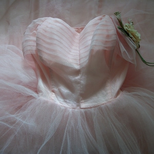 vintage 50s strapless boned tulle cloud pink prom dress formal, frothy tulle, velvet vintage millinery flower, professionally dry cleaned