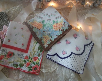 3 vintage floral print handkerchiefs, red poppies, pink roses with polka dots, 1940s flowers on cream with brown border