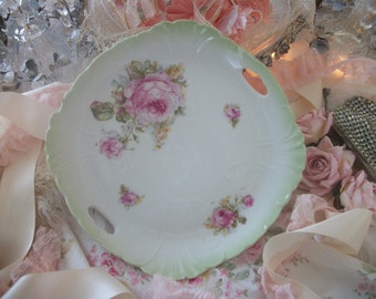 antique square handled cabinet plate, soft pink roses with pale green accents, spring décor, table ware or display, 9" square