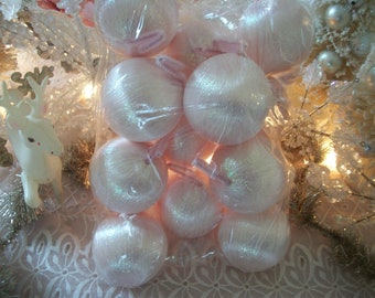 12 pink vintage satin ornaments with fluffy pink chenille stems, unused vintage christmas ornaments, one dozen 2.25" unbranded ray-glo