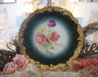 dark and lovely antique china cabinet plate, pink dahlias, dark green with heavy ornate gold border, dramatic fall décor accent piece