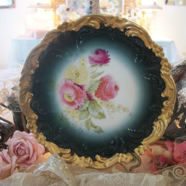 dark and lovely antique china cabinet plate, pink dahlias, dark green with heavy ornate gold border, dramatic fall décor accent piece