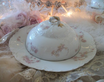 antique french pink and white china cheese dome and underplate, haviland & co., limoges, france