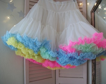 spectacular true vintage pastel multi rainbow cotton candy chiffon square dance skirt petticoat crinoline by sams