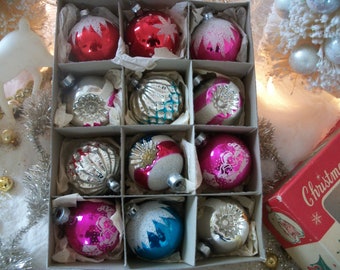 one dozen true vintage glass ornaments, in vintage box, assortment of styles