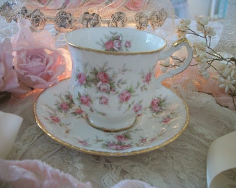 vintage shabby pink roses fine bone china tea cup and saucer, paragon china, england, victoriana rose pattern