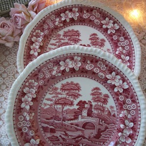 2 vintage copeland  spode &#39;tower&#39; pattern pink transferware luncheon plates, made in england, old backstamp