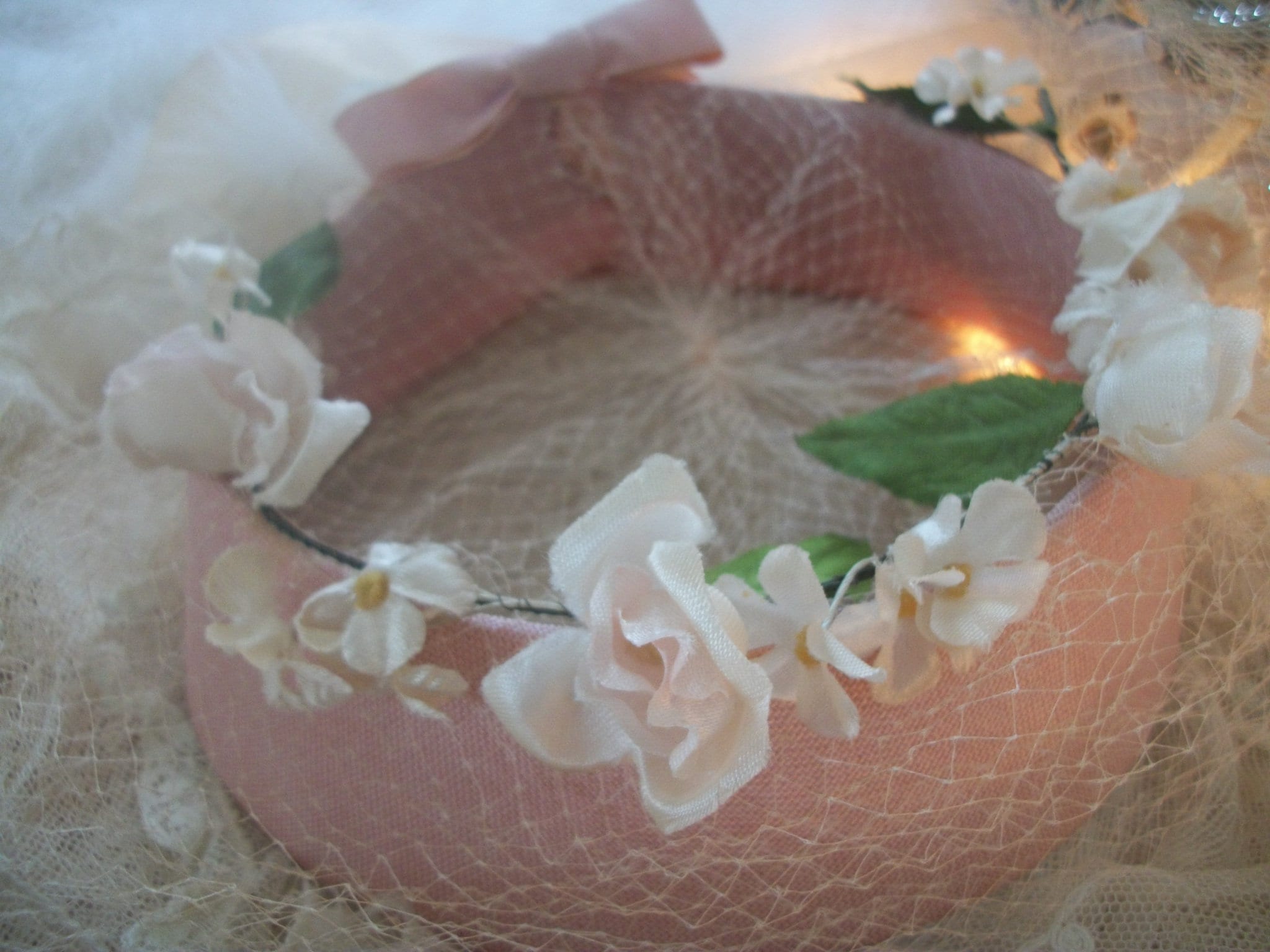 1960\'s Pillbox Style Hat Silk Flowers Netting Face Covering Satin Bow Romantic Silk Pillbox Hat - Etsy main image 3