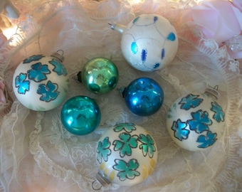 vintage glass ornaments,  lucky 4-leaf clover designs shades of blue, white, teal green, vintage holiday décor