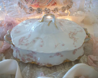 antique haviland & co pink and white fine china covered serving dish, pink and white french roses floral print, shabby cottage chic, w/ lid