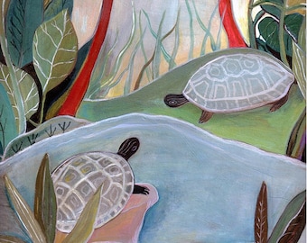 Art Print, Turtle Island, turtles, nature, folk art, nature art, pond life