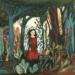 Greeting Card, Forest Dress, woods, woodland, forest, folk art, fine art