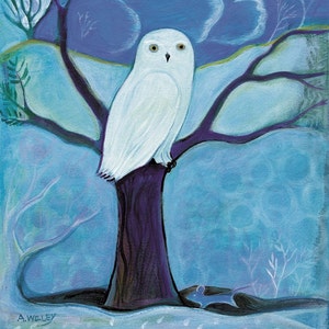 Carte de voeux, Harfang des neiges, hibou, hiver, lune, art populaire