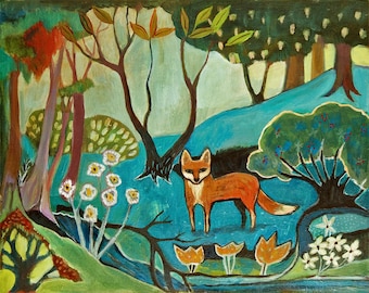 Fox Art Print, Folkloric Fox,  Woodland Fine Art (8x10)