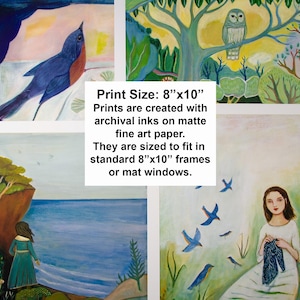 May include: A set of four 8x10 inch prints featuring colorful illustrations of birds, a woman knitting, and a seascape. The prints are created with archival inks on matte fine art paper. Print Size: 8"x10"