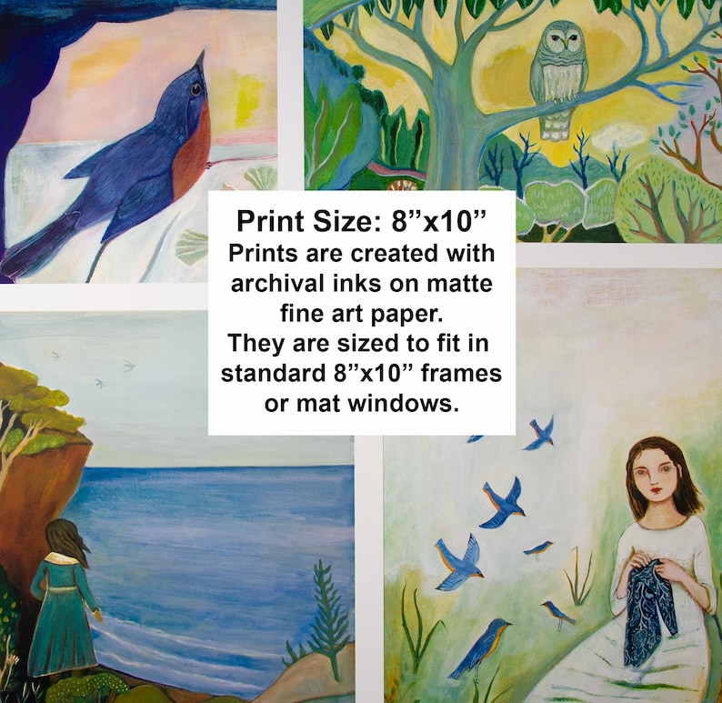May include: A set of four 8x10 inch prints featuring colorful illustrations of birds, a woman knitting, and a seascape. The prints are created with archival inks on matte fine art paper. Print Size: 8"x10"