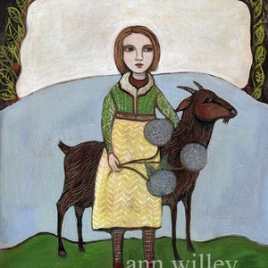 Carte de voeux, deux compagnons, une fille, une chèvre, la vie à la ferme
