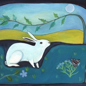 Greeting Card, Rabbit in Moonlight, woods, folk art