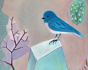 Art Print, Bluebird, fine art, wall decor, bird, contemporary art, whimsical art