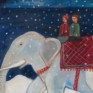 Greeting Card, Going Home, holiday card, elephant, children, fantasy, winter, Christmas image 1