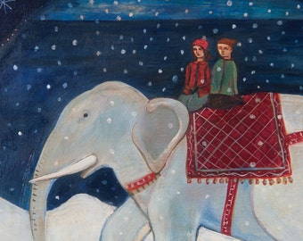 Art Print, Going Home, elephant, children, fantasy, winter, holiday