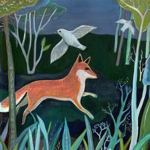 Art Print, "Fox at Night", fox, woods, night, birds, wall decor, fine art