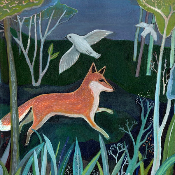 Greeting Card, "Fox at Night", fox, woods, night, birds, wholesale availability