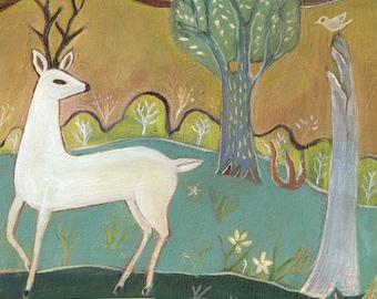 Fine Art Print, "The White Deer", woods, nature, folk art