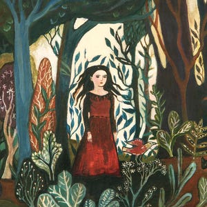 Forest Dress Art Print: Woodland Fairytale, Folk Art (8x10)