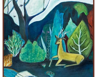 Greeting Card, Across the Bridge, deer, garden, landscape, folk art