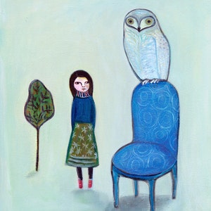 Art Print, The Encounter, owl, girl, children, nursery art
