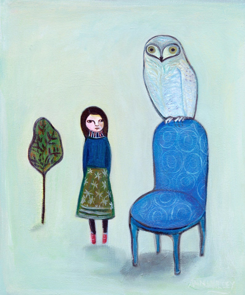 Art Print, The Encounter, owl, girl, children, nursery art immagine 1