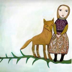 Art Print, Keep Close, fox, companionship, friendship, child, folk art