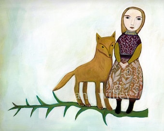 Art Print, Keep Close, fox, companionship, friendship, child, folk art