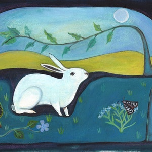 Art Print, Rabbit in the Moonlight, folk art, wall decor, wall art, fine art, bunny, springtime