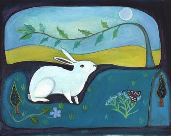 Art Print, Rabbit in the Moonlight, folk art, wall decor, wall art, fine art, bunny, springtime
