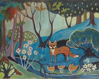 Fox Greeting Card, Folkloric Fox, fox, woods, folk art, folktales