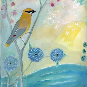 Carte de voeux, Jaseur au bord de l'eau, oiseau, pastels, été