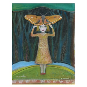 Greeting Card, The Orange Moth, nature, girl, moths, fantasy, surrealism, wholesale availability