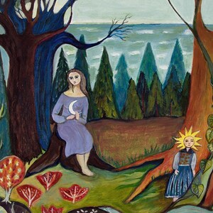 May include: A painting of two figures in a forest setting. One figure holds a crescent moon and the other holds a sun. The figures are surrounded by trees and a body of water.