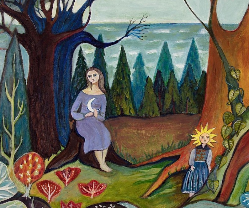 May include: A painting of two figures in a forest setting. One figure holds a crescent moon and the other holds a sun. The figures are surrounded by trees and a body of water.