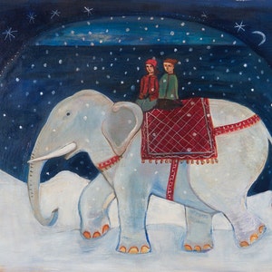 Greeting Card, Going Home, holiday card, elephant, children, fantasy, winter, Christmas image 2